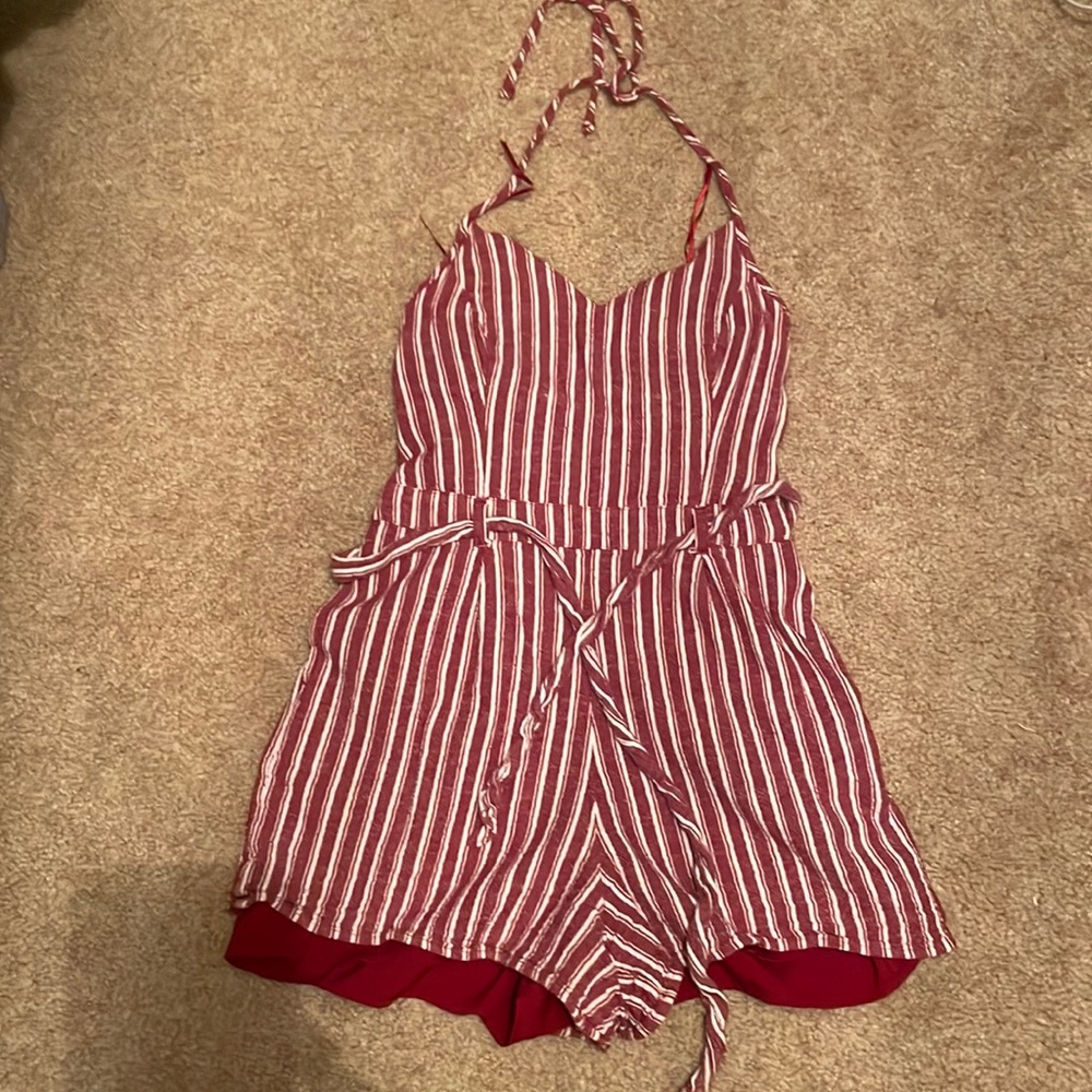 Red and white shorts romper